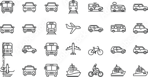 Iconic transportation vehicles collection in monochrome line style cars