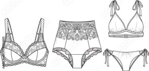 "Elegant lace lingerie bra and panties with floral detailing alongside minimalist bikini swimwear set, showcasing fashion design contrast in women’s intimate apparel illustration"