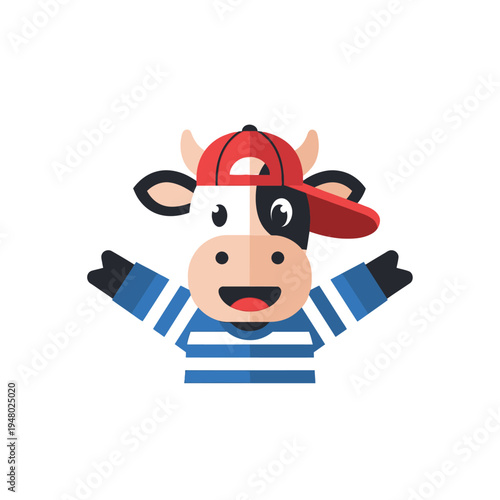 Cartoon Cow Wearing Red Cap and Striped Shirt.