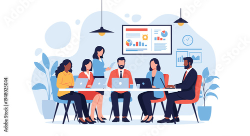 Diverse corporate team holding a productive business meeting around a long table with laptops and professional office decor.