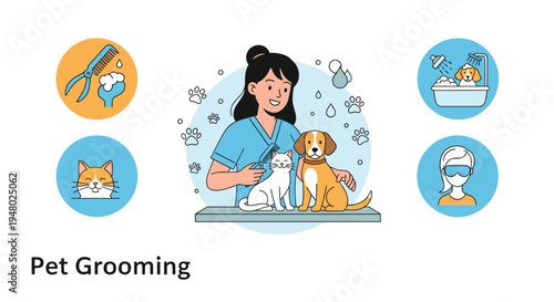 Friendly pet groomer in a blue uniform brushing a white cat and a brown dog with service icons for animal care and washing.