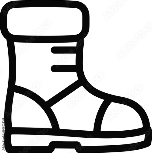 A simple black and white line art illustration representing a sturdy winter boot for cold weather