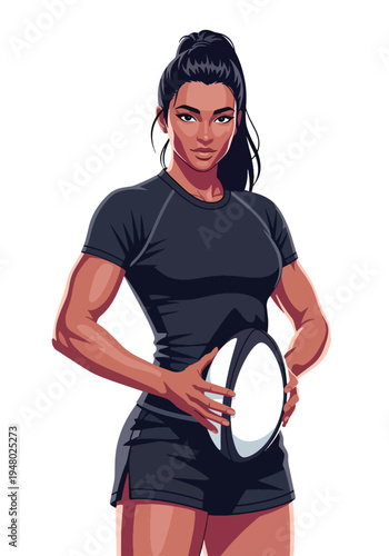 Strong athletic female rugby player holding ball in bold sports portrait style, clean flat vector illustration ideal for team branding, fitness campaigns and tournament marketing