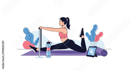 Athletic woman performing deep leg stretches on a purple yoga mat with a tablet and water bottle nearby for her home workout.