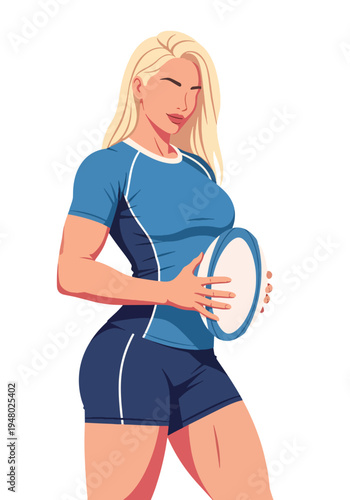 Strong athletic female rugby player holding ball in bold sports portrait style, clean flat vector illustration ideal for team branding, fitness campaigns and tournament marketing