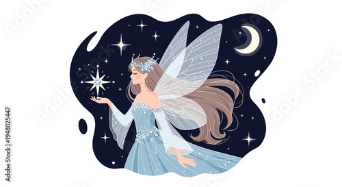 Ethereal winged fairy in a sparkling blue dress holding a glowing star against a dark night sky with a crescent moon.