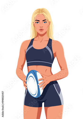 Strong athletic female rugby player holding ball in bold sports portrait style, clean flat vector illustration ideal for team branding, fitness campaigns and tournament marketing