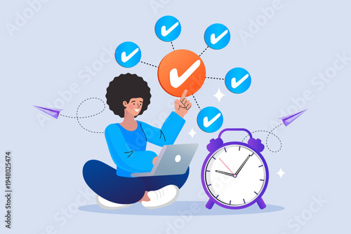 Time management and productivity concept with woman working on laptop and checkmarks