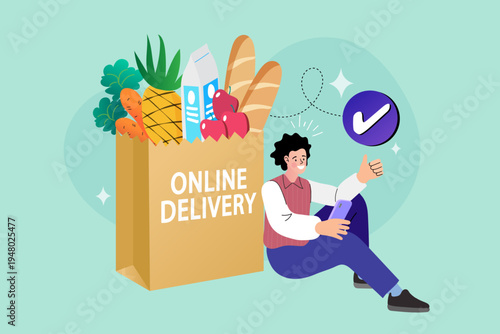 Young woman ordering groceries online with smartphone for delivery service concept