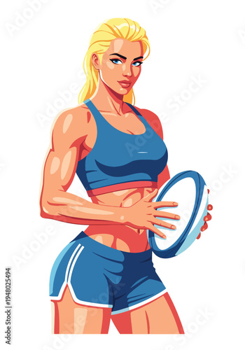 Strong athletic female rugby player holding ball in bold sports portrait style, clean flat vector illustration ideal for team branding, fitness campaigns and tournament marketing