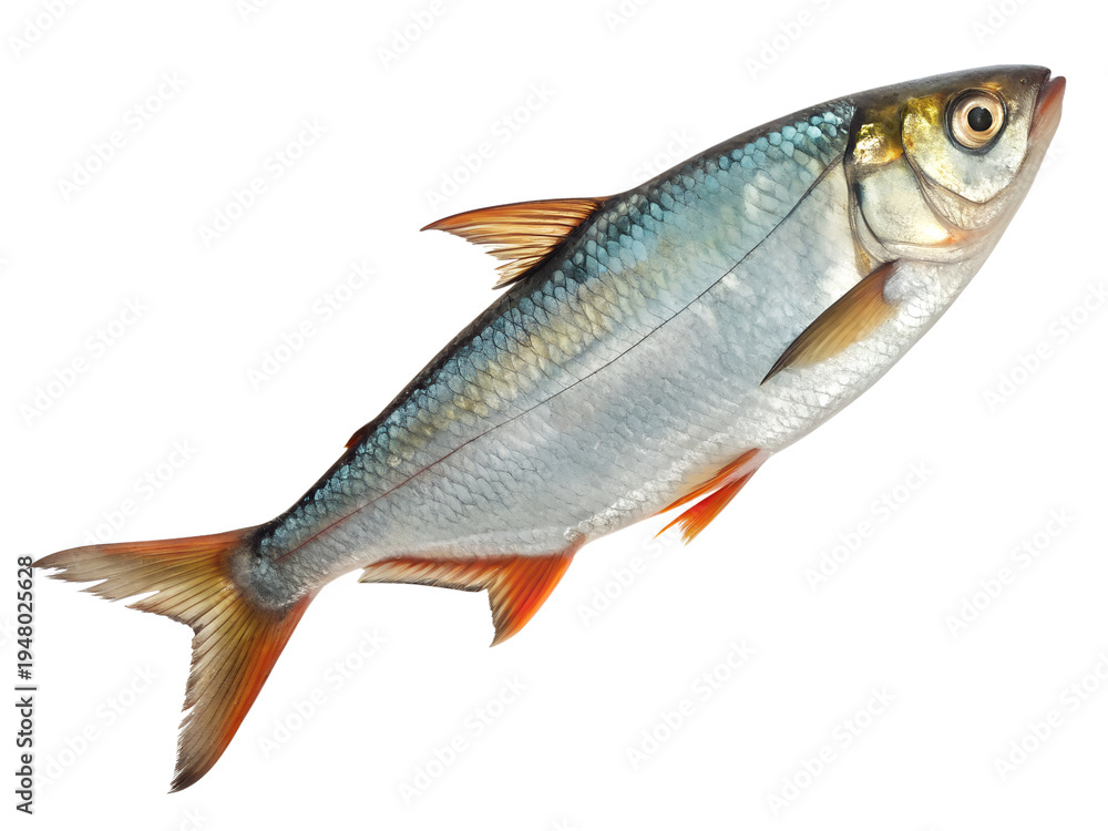 Fototapeta premium Fish freshwater aquatic animal silver scales orange fins isolated on transparent background