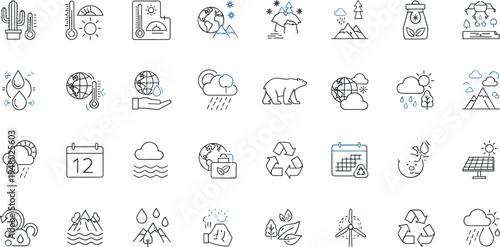 Climate weather ecology icons set environment temperature rain recycling outline collection