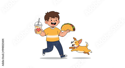 Happy boy runs cheerfully while carrying a large taco and a takeaway drink as his cute puppy follows closely behind him.