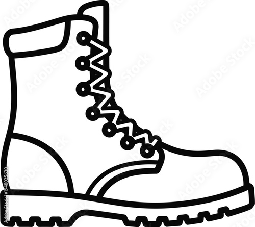 A simple black and white line art illustration of a classic sturdy leather outdoor hiking boot