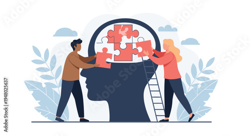 Two people work together to place puzzle pieces into a human head silhouette to represent mental health and cognitive development.