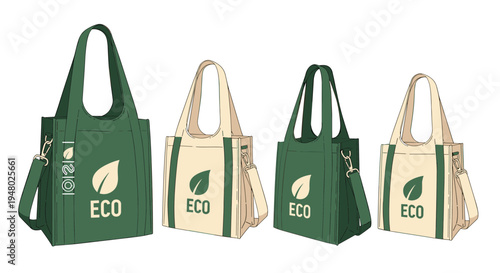 Set of eco friendly reusable cloth tote bags in green and beige colors promotes sustainable shopping and environmental care.