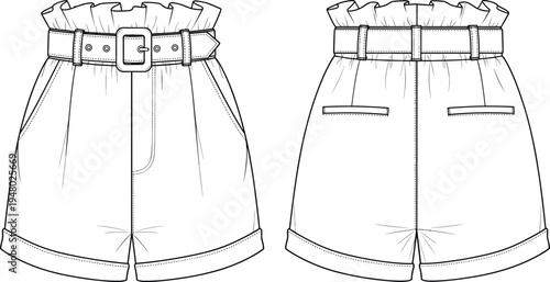 High Waisted Paperbag Shorts with Belt CAD Technical Drawing Flat Vector Illustration for Fashion Design Development Mockup Front and Back View