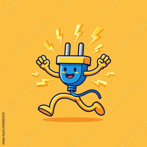 Cartoon Electric Plug Character Running Freely.