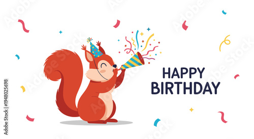 Cute red squirrel wearing a party hat blows a colorful horn to celebrate a happy birthday with confetti scattered around.