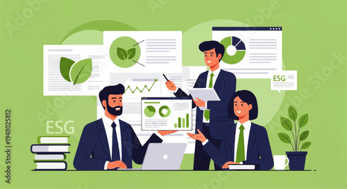 Vector flat design illustration of three business professionals discussing ESG reports and graphs in a meeting with a green background.