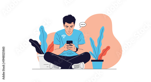 Focused young man sits cross legged on the floor while browsing on his smartphone in a modern room with large indoor plants.