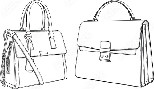 Women Professional Leather Handbag and Satchel Technical CAD Drawing Flat Vector Illustration, Fashion Accessories Mockup Template for Product Design and Apparel Manufacturing