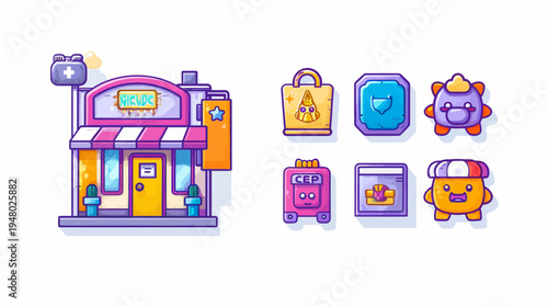 Illustration of a building next to various icon designs, depicted in a pixel art style