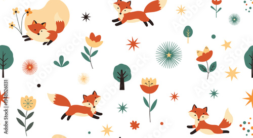 Seamless repeat pattern features cute red foxes playing among stylized flowers and trees in a whimsical forest setting.