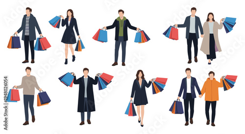 Diverse collection of men and women carry numerous shopping bags while walking during a busy retail sale or holiday season.