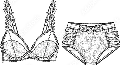 Flat vector illustration of ornate lingerie set with lace bra and panties, floral detailing, feminine fashion design, textile pattern concept, intimate apparel illustration