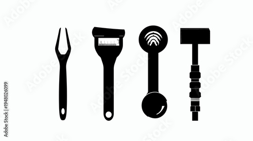 Four black tool silhouettes on white wrench, gauge, probe, and hammer in a row