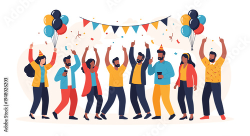 Diverse group of friends celebrates a party together with colorful balloons, confetti, and festive decorations for a special event.