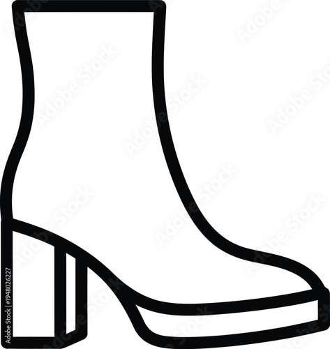 A simple black and white line art illustration featuring a stylish ankle boot with a block heel
