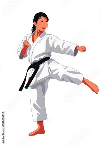 Confident female martial arts practitioner, strong pose flat vector illustration perfect for dojo promotion and self defense campaigns