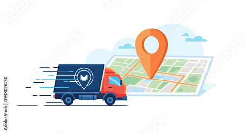 Delivery truck speeds across a digital map with a large location pin representing efficient logistics and tracking services.
