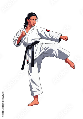 Confident female martial arts practitioner, strong pose flat vector illustration perfect for dojo promotion and self defense campaigns