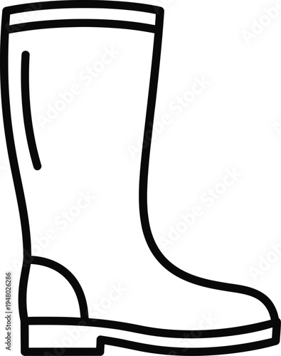 A simple black and white line art illustration representing a sturdy rubber boot for rainy weather