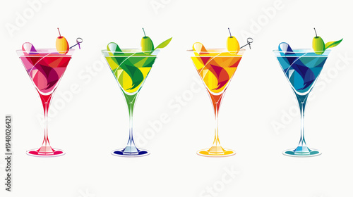 Four colorful cocktails in martini glasses garnished with olives on a white background
