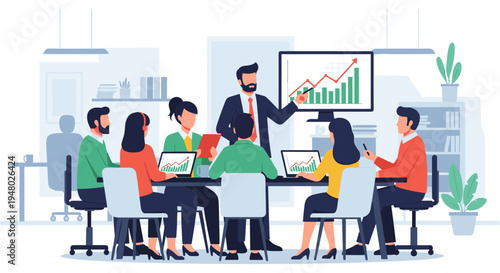 Business team meeting in modern office with presentation on screen in flat design for corporate