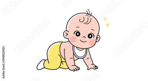 Adorable baby with sparkling eyes happily crawls on its knees against a plain white background with golden stars.