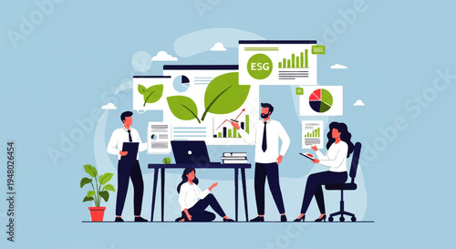 Vector flat design illustration of a team collaborating in an office with eco-friendly and business elements.