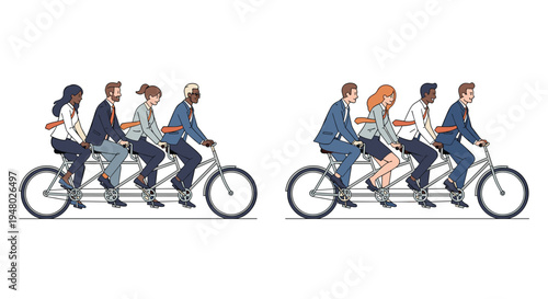 Two teams of business professionals ride together on tandem bicycles to symbolize corporate teamwork and collaboration.