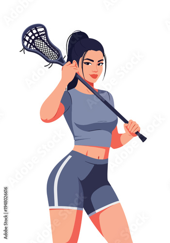 Athletic female lacrosse player holding stick in strong pose, modern flat vector sports illustration perfect for team branding, youth league promotion and tournament campaigns
