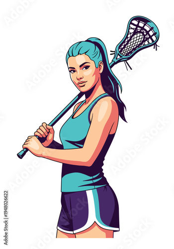 Athletic female lacrosse player holding stick in strong pose, modern flat vector sports illustration perfect for team branding, youth league promotion and tournament campaigns