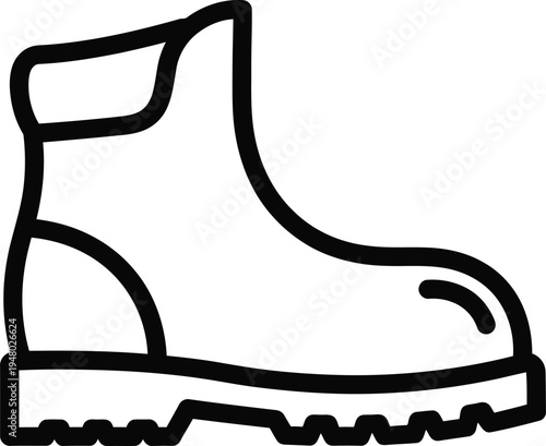 A black and white line art illustration of a sturdy leather work boot with a thick rugged sole