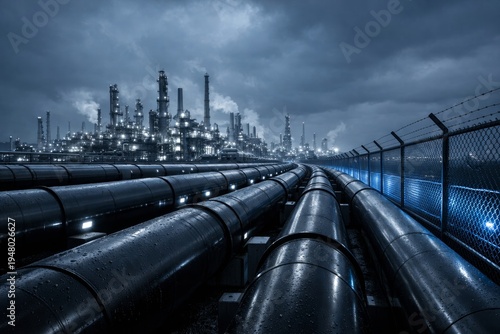 Wallpaper Mural Industrial pipelines leading to illuminated refinery at night."" Ai generative Torontodigital.ca