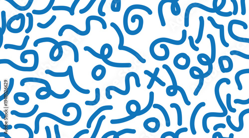 Blue swirling lines and shapes on white background for design and decoration purposes  abstract pattern with wavy curves and loops