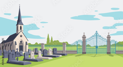 Peaceful cemetery landscape featuring a small white church with a spire, numerous gray tombstones, and an ornate iron gate at the entrance.