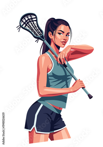 Athletic female lacrosse player holding stick in strong pose, modern flat vector sports illustration perfect for team branding, youth league promotion and tournament campaigns