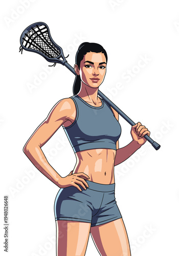 Athletic female lacrosse player holding stick in strong pose, modern flat vector sports illustration perfect for team branding, youth league promotion and tournament campaigns
